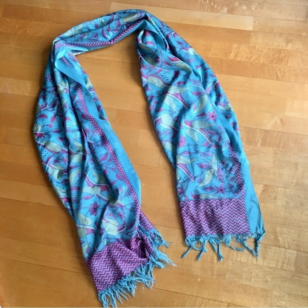 Colorful Bird Pattern Oversized, Pashmina Style Scarf, Aqua Blue, Pink, Green